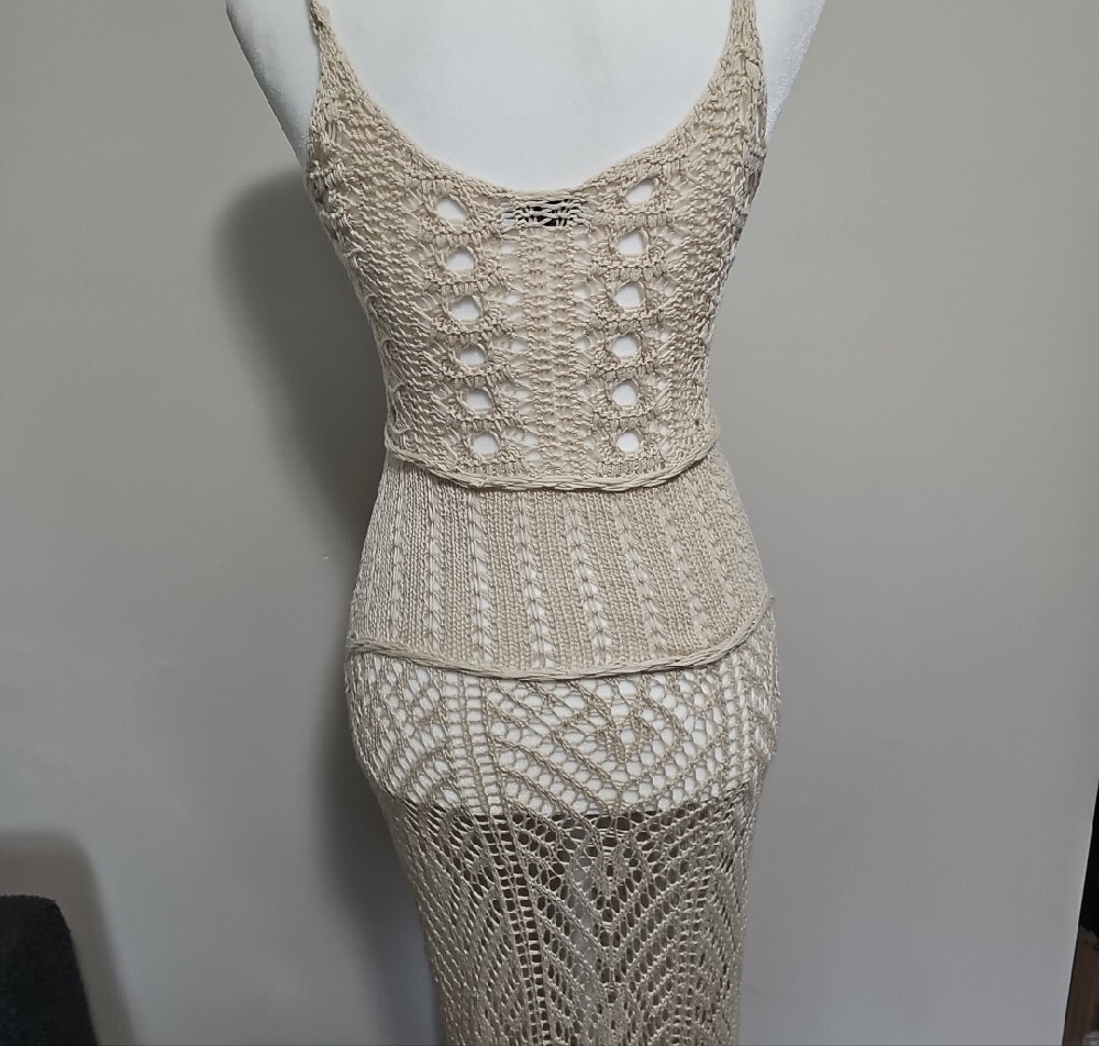 Crochet Maxi Dress / Swimsuit Cover-up in Beige with Fringe - Picture 4 of 6